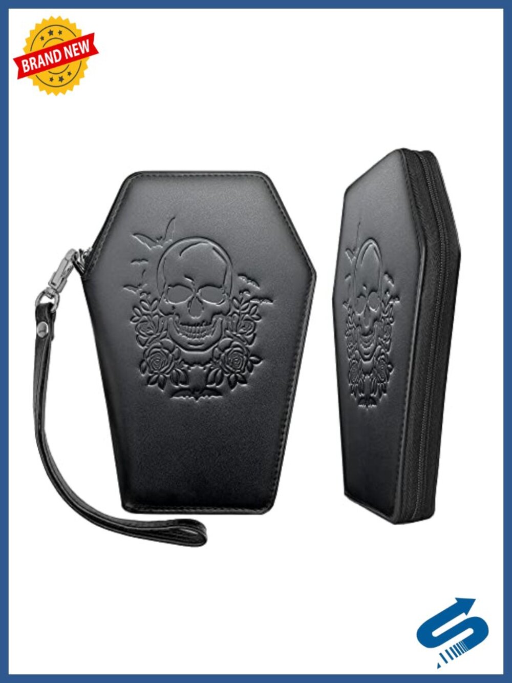 Coffin Shape Zip Around Wallet with Wristlet Strap Faux Leather